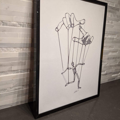 Minimalistic single line art of a puppet man being controlled by strings attached to two hands.