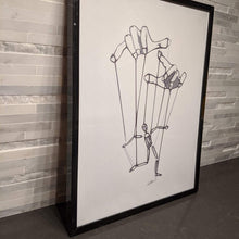 Load image into Gallery viewer, Minimalistic single line art of a puppet man being controlled by strings attached to two hands.
