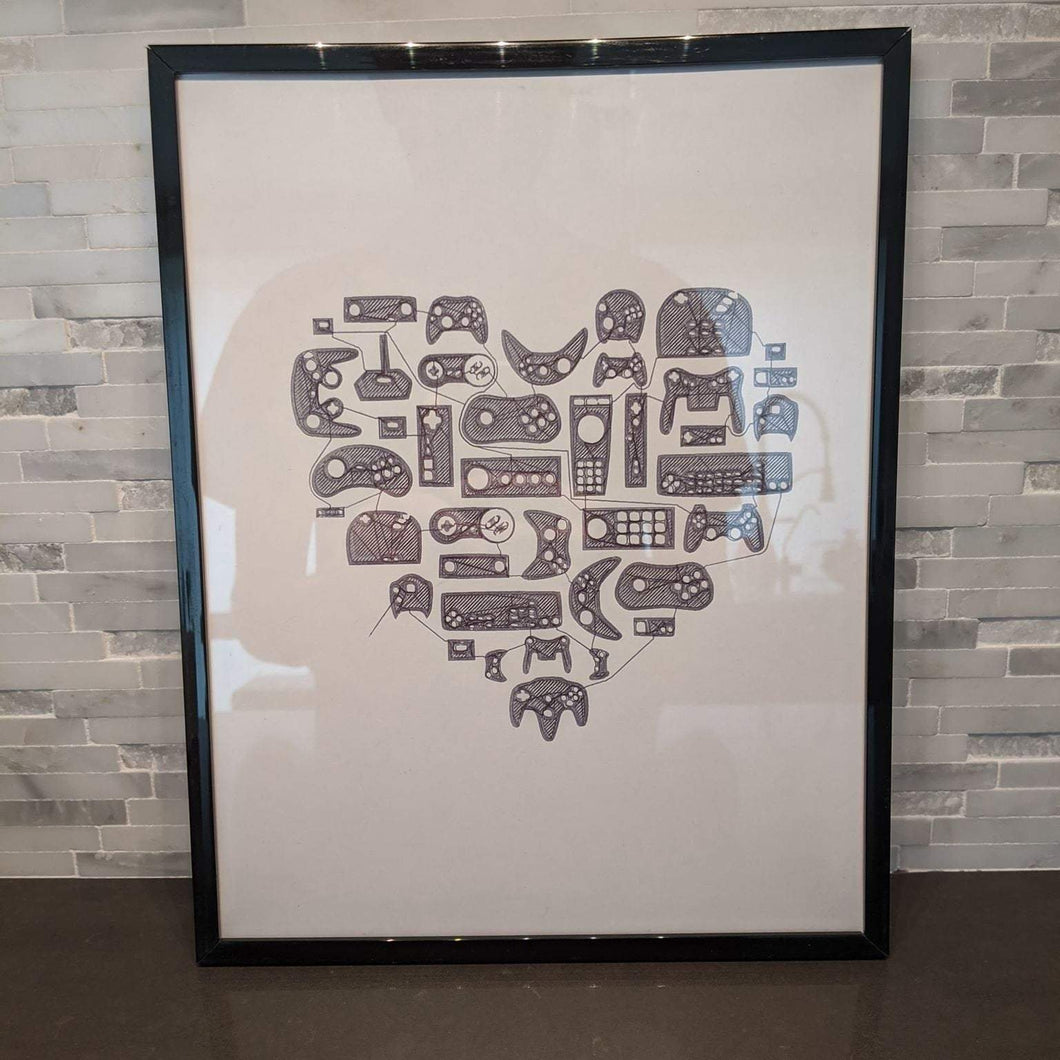 video game controllers and console artwork, minimalist single line art, framed